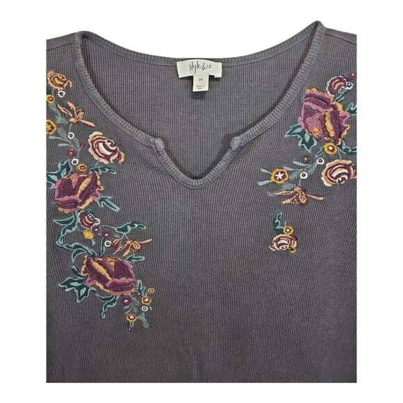 Style & Co Gray Embroidered Thermal Notch Neck Long Sleeve Top Size 2X - Picture 2 of 6